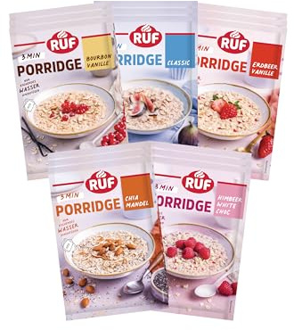 RUF Porridge Bundle (15 Stück) mit den Sorten Himbeer White Chocolate, Erdbeer Vanille, Bourbon-Vanille, Classic und Chia Mandel