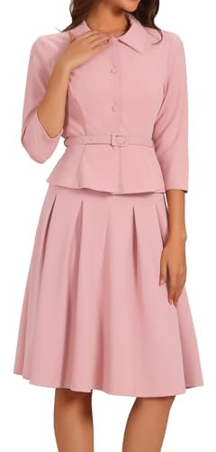 Allegra K Donna Set di Completi Gonna Lavoro Completi da in 2 Pezzi Giacca Blazer A Maniche Lunghe da Ufficio Gonne A Pieghe Rosa Polveroso S
