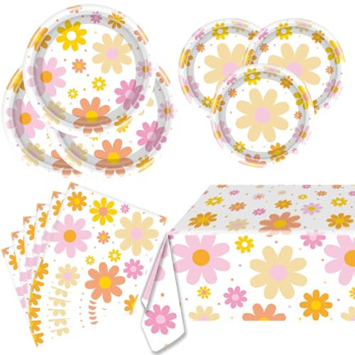 Colorful Daisy Party Tableware Set, Paper Plates 7 and 9, Tablecloth 70.8 x 42.5, Napkins, Retro Hippie Boho Decorations