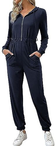 Robe Salopette Jeans Femme Femmes Casual Printemps Manches Longues Zip Up Hoodie Combinaisons Pièce Tenue Barboteuse avec Poches Salopette Femme Jean Short (Navy, S)