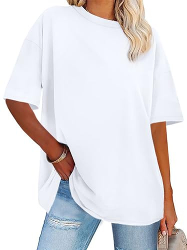 florynova Womens Tops Summer Oversized Tshirt Crewneck Short Sleeve Casual Blouse(White,XL