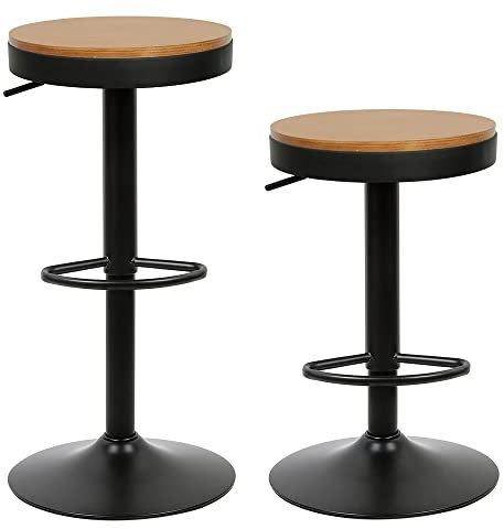 WODFARR Barhocker, Esszimmerstühle, 2 Stück, Hocker aus Holz, höhenverstellbar um 360 °, Barhocker aus Holz und Metall, Durchmesser der Basis: 37 cm, 55 – 75 cm, Durchmesser der Sitzfläche (schwarz -