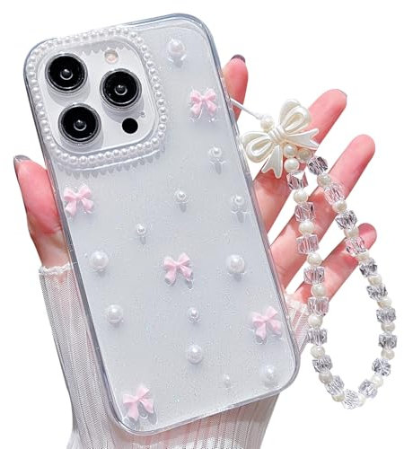 MINSCOSE für iPhone 12 Pro Max Klar Glitzer Hülle,Süßes Schleife Perle Ästhetische Transparente Teen Girls Dünne Schutzhülle mit Charms Kette Armband-Rosa
