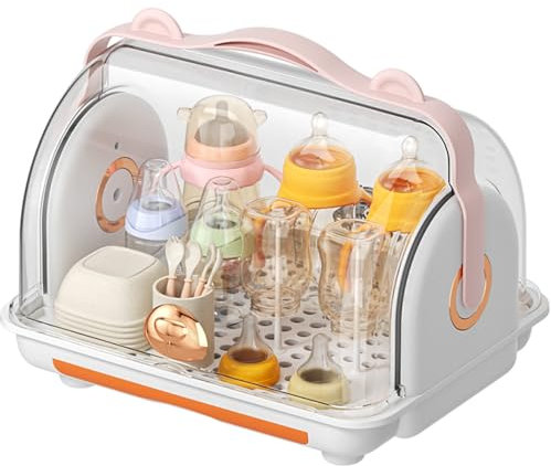 Nollapo Baby Bottle Drying Rack Storage with 3 Brush, Nursing Bottle Storage Box Organizer with Cover, Portable Kitchen Cabinet Organizer, Durable countertop Dryer (Orange)