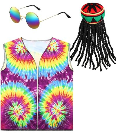 Hestya 3 Stück Karneval Hippie Kostüm Zubehör Hippie Mütze mit Schwarzer Dreadlocks Perücke Unisex Hippie Weste Hippie Brille für Erwachsene Cosplay Party Geschenke
