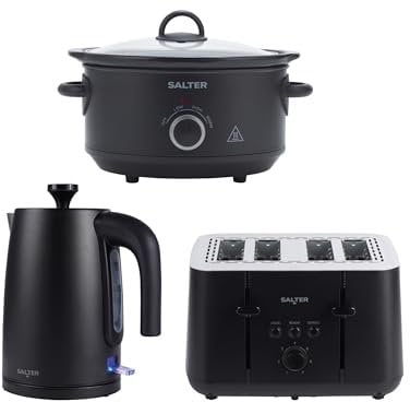 Salter Kuro Kitchen Appliance Set - 1.7L 3KW Jug Kettle, 4-Slice Toaster, and 3.5L Electric Slow Cooker, Matching Kitchen Appliance Set, Sleek Matte Black Design