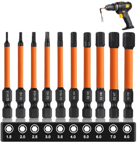 Hex Allen Key Drill Bit Set: 10 Pcs Impact Screwdriver Driver Bit Alan Keys Sets - S2 Steel 50mm Length Magnetic Allen Wrench Drills Bits Set H1.5-H8