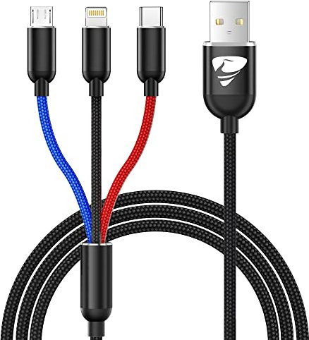Multi Cavo di Ricarica,3 in 1 Multiplo Cavo USB Type-C 1.2M Ricarica Rapida Filo Caricabatterie Nylon Intrecciato Cavetto Micro USB Tipo C Lightning per Samsung iPhone OPPO Huawei Redmi Android,Nero