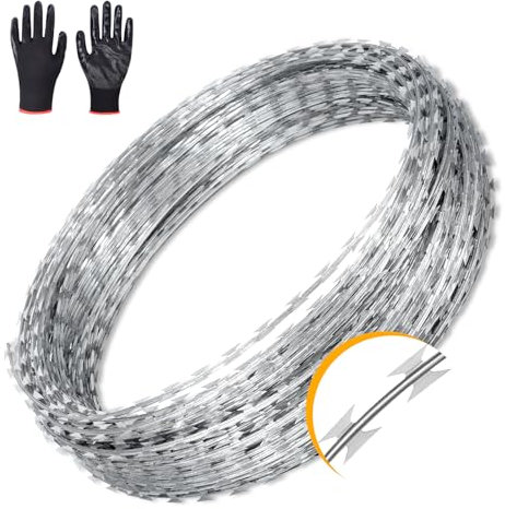 AggFencer 49ft Barbed Razor Wire, Hot-Dip Galvanized Barb Wire Roll for Crafts Fences, Fence for Critter Deterrent