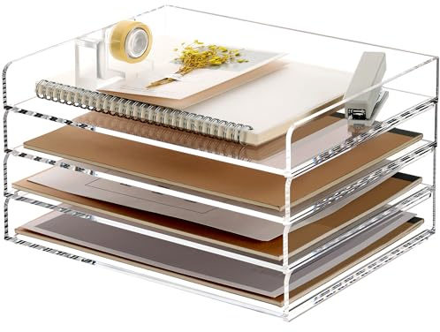SANRUI Briefablage Acryl A4 Quer (4er Set) - Stapelbare Dokumentenablage Transparent, 5mm Premium Schreibtisch Organizer, Modernes Ordnungssystem Papierablage für Büro & Home-Office