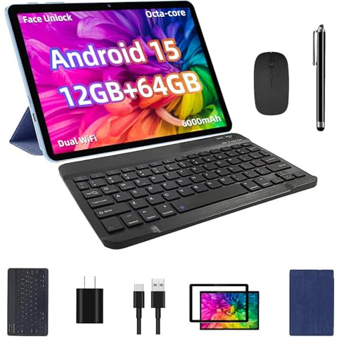 TUOHAITIME Android 15 Tablet, 10inch Tablet Bundle with Keyboard Case, Blue | 12GB+64GB+1TB Expand, Stylus Pen, Octa-core CPU, Dual Camera, WiFi6, 6000mAh Battery+18W Fast Charge, Support Face Unlock,