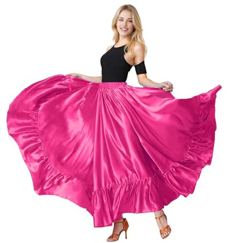 Baisdan Gonna da Donna in Raso con Volant per Danza del Ventre, Flamenco, Folklorica Messicana e Danza del Toro Spagnolo Rosa Rossa