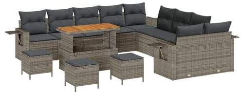 vidaXL Garten-Sofa-Set mit Speicher 14 pcs Grau Poly Rattan, Garten und Terrasse, Moderne Rattan Sitzgruppe, robuster Outdoor Sofaset, Möbel für sommerliche Zusammenkünfte