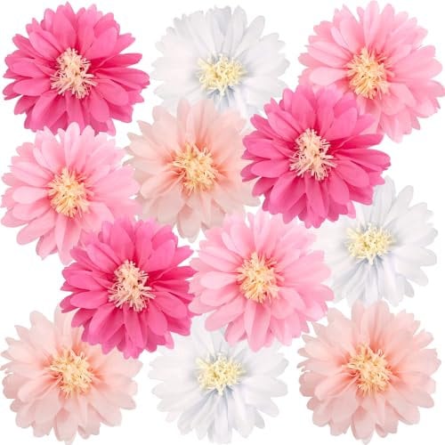 SUNBEAUTY Pink White Daisy Tissue Paper Pom Poms 14‘’ Large Tissue Flowers Hanging Daisy Decor Spring Summer Pink Fans Garden Party Decorations for Wedding Tea Party Wall Backdrop Baby Shower Decor