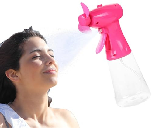 CUVZORA Ventilador portátil con pulverizador de agua, con botella de 220 ml, ventilador de refrigeración manual, funciona con pilas, para vacaciones, deportes de playa, libros, viajes (22 x 8 x 10 cm)