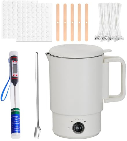 Elektrischer Wachsschmelztopf für Kerzenherstellung, Kerzen Selber Machen Set Zubehör mit 800ml Wachsschmelzer, Thermometer, 100 Kerzendochte, 100 Docht Aufkleber, 5 Dochthalter und Rührlöffel