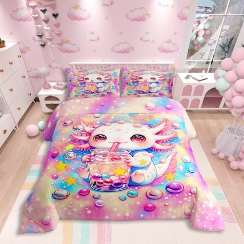 Homewish Süße Axolotl Bettwäsche Mädchen 135x200 Regenbogen Ombre Kawaii Ozeantier Axolotl Bettbezug für Frauen Teenager Sternenhimmel Raumdekor Bettset Salamander Enthusiasten Bettwäscheset 2 Teilig