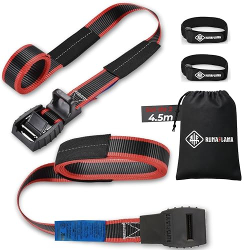 RUNAFLAMA - Cinghie di Fissaggio Lunghe per Portapacchi, Box Tetto Auto e Portabici, Surf, Paddle Surf e Kayak, Trasporto Moto e Carichi, 500 kg per Cinghia, Protezione antigraffio, 2 Pezzi 4,5 m Nero