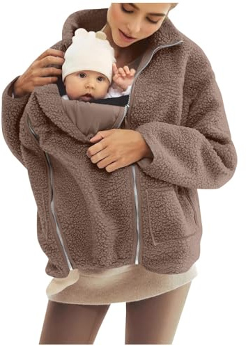 SYDUZAX Umstandsjacke mit Babyeinsatz Warm Teddy Fleecejacke Umstands Baumwolljacke Winter Umstandsmode 2 in 1 Tragejacke mit Taschen Teddyfleece Winterjacke Flauschig Weich Plüschjacke große Größe