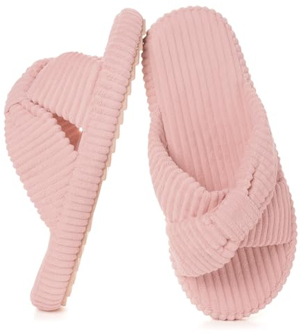 Eagsouni Pantoufles Femme Large Mousse à Mémoire Chaussons Confortable Cord Bandes Croisées Bout Ouvert Chaussures Antidérapantes Slippers,Rose Clair,39/40 EU