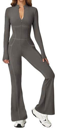 Ecupper Damen Jumpsuit Langarm Flare Romper Zip up bodysuit | Langer Jumpsuit mit Stehkragen, Halbreißverschluss & Seitentaschen, Fließlinien-Design, Flare Romper mit ausgestellte Beine