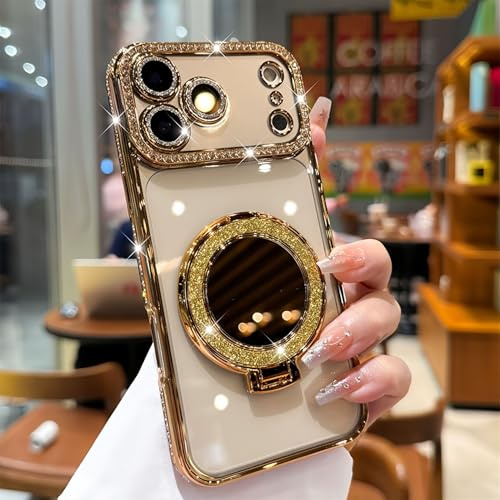 Tybiky Glitter Case for iPhone 13 Pro Magnetic Ring Stand Magnets Wireless Charging Mobile Phone Case with Mirror Case for Women Transparent Diamond Shockproof TPU iPhone 13 Pro Protective Case, Gold