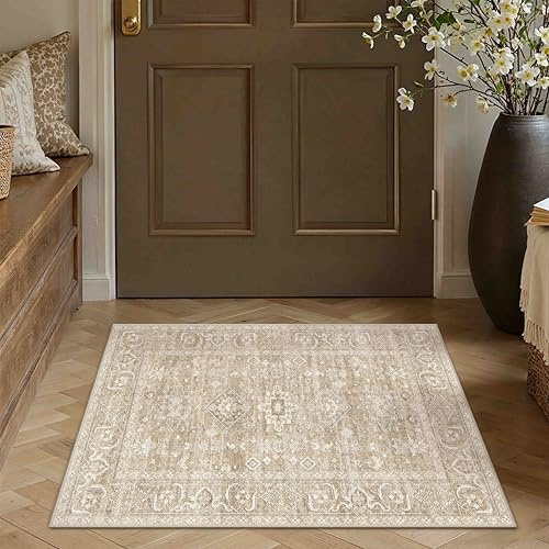 PureCozy Vintage Fussmatte Teppich 60x90cm Beige Fußmatte | Waschbarer Carpet,Weich Rutschfest Klein Teppiche,Schlafzimmer Esszimmer Büro Kurzflor Tepich Carpets Rug