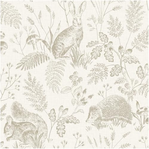 Woodland Animals Wallpaper Neutral Nature Forest Animal with Hare Hedgehog Squirrel Botanical Leaf Pattern Rustic Country Style Feature Wall for Living Room Bedroom Hallway Decor