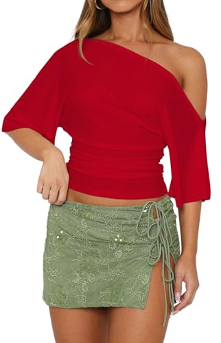 LEEDYA Off The Shoulder Tops for Women Summer Sexy Short Sleeve Crop Top Casual Going Out Blouses Y2K T Shirts