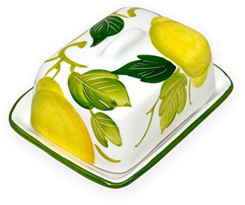 Lashuma Handgemachte Kleine Butterdose aus Bemalter Italienischer Keramik im Zitronendesign, Butterglocke Größe 12x9 cm