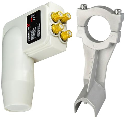 Premium X LNB Quad Weiß + Universal Adapter für LNB Halterung für Fuba und Hirschmann Antennen