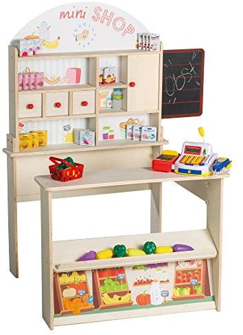 roba Kaufladen Minishop, inklusiv Zubehör, Kasse, Holz natur, Theke, Tafel, Schiebetür und Bedruckung, Natur und Weiß