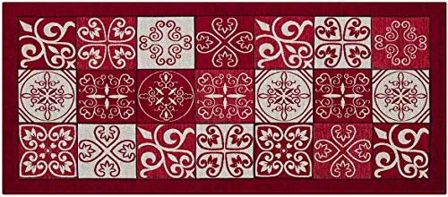 HomeLife Tapis de cuisine anti-taches et antidérapant, moderne avec motif faïence, lavable, tapis de couloir coloré, fabriqué en Italie 58X110 rouge