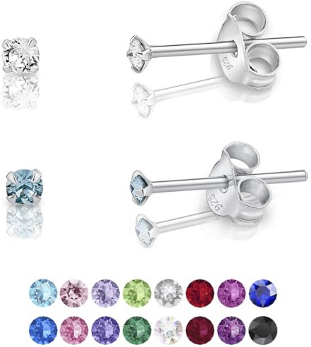 DTPsilver - 2 Paar WINZIGE Ohrringe 925 Sterling Silber mit Kristallen von Swarovski® Elements Runde Sehr KLEINE Ohrstecker - Durchmesser 2 mm - Farbe : klare Kristalle + Aquamarin