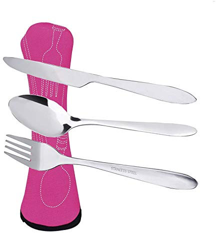 Prettyui Silverware Cutlery Set Stainless Steel with Organizer Bag Travel Camping Flatware Dinnerware Tableware Kit with Storage Lunch Box for Picnic School Knife Fork Spoon Set Rose Case(3 Pack)