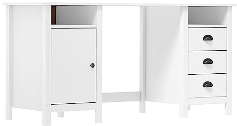 vidaXL Bureau Table d'Ordinateur avec 3 Tiroirs 2 Compartiments et 1 Porte Etude Informatique Ecriture Blanc 150x50x74 cm Bois de Pin Solide