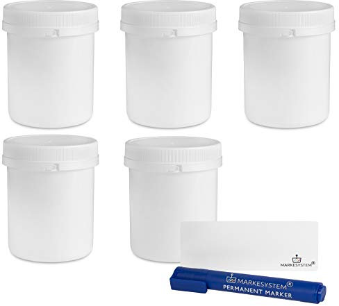 MARKESYSTEM - Tarro blanco 1 Litro (5 Tarros) con disco y precinto de seguridad - Contenedor de plástico con tapa de rosca - Envase uso Alimentario, Cosmético e Industrial + Kit etiquetado