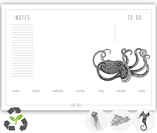 Ligarti Schreibtischunterlage Papier (100% nachhaltig) A3+ Wochenplaner Block mit To Do Liste und wechselnden Motiven - Weekly Planner undatiert, Schreibtisch Unterlage - Meerestiere