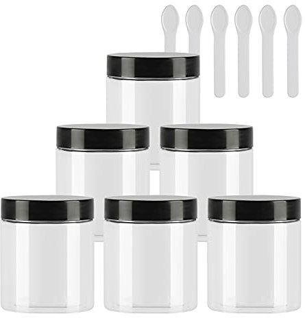 TIANZD 6 Pièces Vides Petit 80 ml Transparent Cosmétique Pot en Plastique avec Couvercle Noir 80 g Pots de Cosmétique Crème de Bouteille Contenant avec 6x Spatules