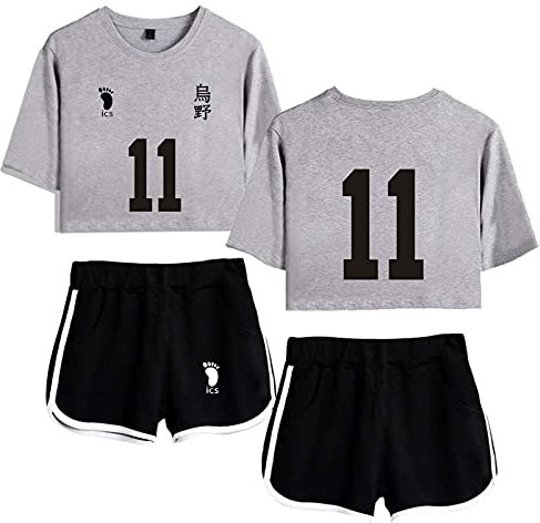 Flyself Anime Haikyuu T-Shirt und Kurze Hosen Damen Mädchen Karasuno High School Volleyball Uniform Crop Top und Shorts 2 Stück Anzug Set Sportanzug Trainingsanzüge Outfits