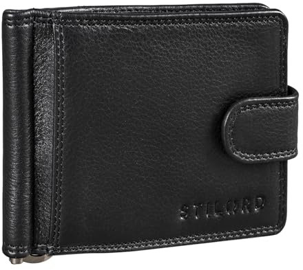 STILORD 'Lino' Leder Geldbörse mit Geldklammer und Münzfach Kleines Herren Portemonnaie mit Druckknopf Vintage Brieftasche Slim Wallet mit RFID Schutz, Farbe:schwarz