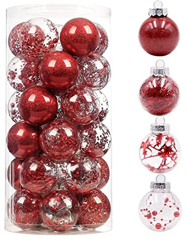 24 Stück Weihnachtsbaumkugeln,Christbaumkugeln rot,Weihnachtskugeln Baumschmuck,Klare Weihnachtskugeln aus Kunststoff Für Urlaub Hochzeit Weihnachtsdekoration Baumschmuck (2.36/60mm)