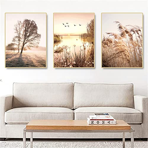 SWECOMZE 3er Set Premium Poster Set, See Gras Beige Pampas Bilder, Moderne Wandbilder für Wohnzimmer und Schlafzimmer - ohne Bilderrahmen (C,50x70cm)