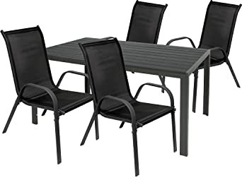 Mojawo Hochwertige Gartengarnitur 5-teilig Gartentisch 150x90cm Anthrazit Grau + 4 Stapelstühle Textilen Anthrazit/Schwarz