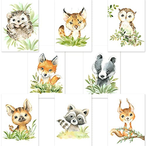 CreativeRobin 8er Poster-Set Waldtiere Kinderzimmer I Babyzimmer Deko I Eichhörnchen, Igel, Eule, Luchs uvm.