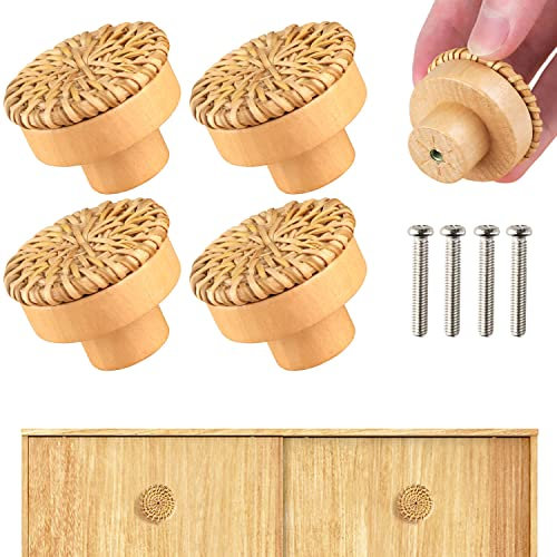 TYFYH Rattan Möbelknöpfe 4 Stück Schrankknöpfe Boho Deko, Holzgriffe für Schränke, Möbelknöpfe Holz, Schrankgriffe Holz, Möbelgriff Holz, Holzknöpfe Kommode, Vintage Schubladenschrank Holzgriffe