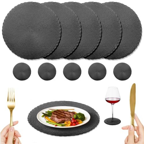 NAKIHOUSE 12er Set Tischsets Weihnachten Rund Schwarz Platzstes, Gewebte Tischsets Abwaschbar Platzsets mit Untersetzer, Hitzebeständig rutschfest Platzdeckchen für Hochzeit, Fest-34cm
