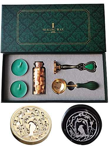 PORXFLY Wachssiegel Stempel Set, Vintage Personalisierte europäische Siegellack-Stempel-kit Geschenkbox Set für Hochzeitseinladungen,Kartenumschläge, Geschenkverpackung (Krähe)