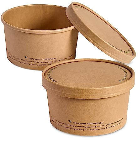 DISPOSABLE GREEN - NEXTGEN Kraft Paper Food Containers, Leak-&-Oil-Proof Salad Bowl or Soup Containers, Ice Cream Tubs, Repulpable Takeaway Containers with Lids Made of Kraft, 32oz/1000ml, 50 Pieces