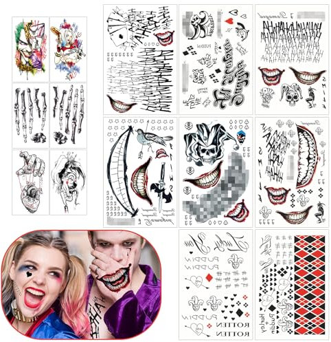 TZQFROCE 14 Blätter Halloween Clown Temporäre Tattoo HQ Temporäre Tattoos Halloween Clown Tattoos Halloween Gesichtstattoos Halloween Schminke Kostüm Festival Party Zubehör